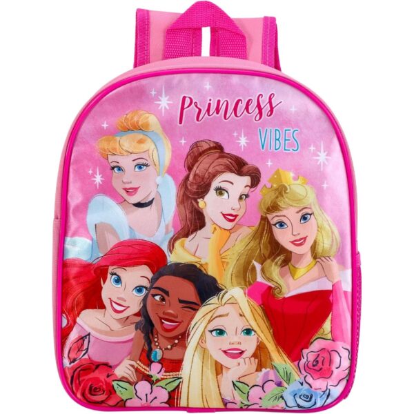 Front view of Disney Princess pink school backpack showing main compartment and design details