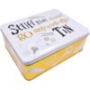 Brightside Stuff Doesn't Go Anywhere Storage Tin with embossed lettering and hinged metal lid for organisation